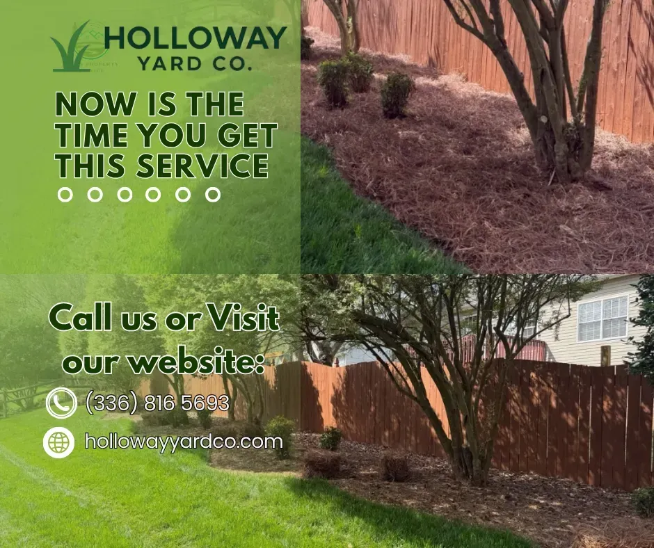 Holloway Yard Co. lawn care ad over yard photos with text: “Now is the time to get this service.”