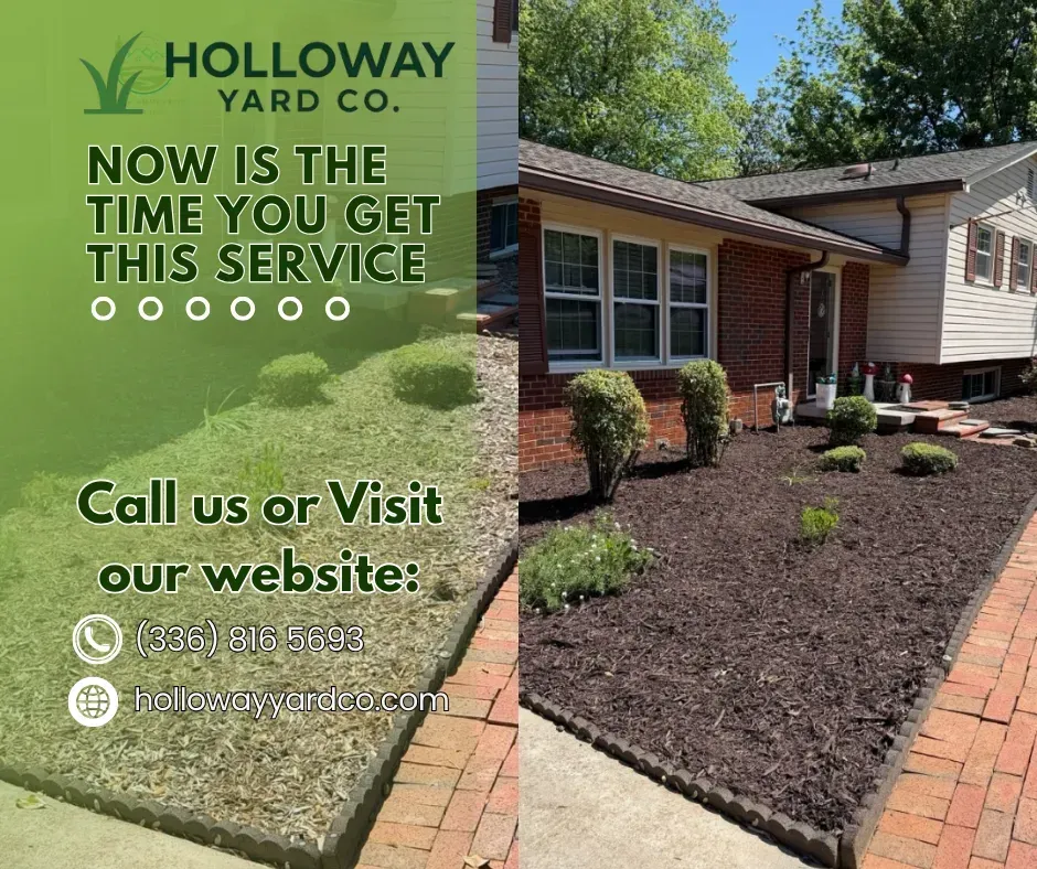 Holloway Yard Co. lawn care ad over a photo of a brick house and landscaped yard with contact info