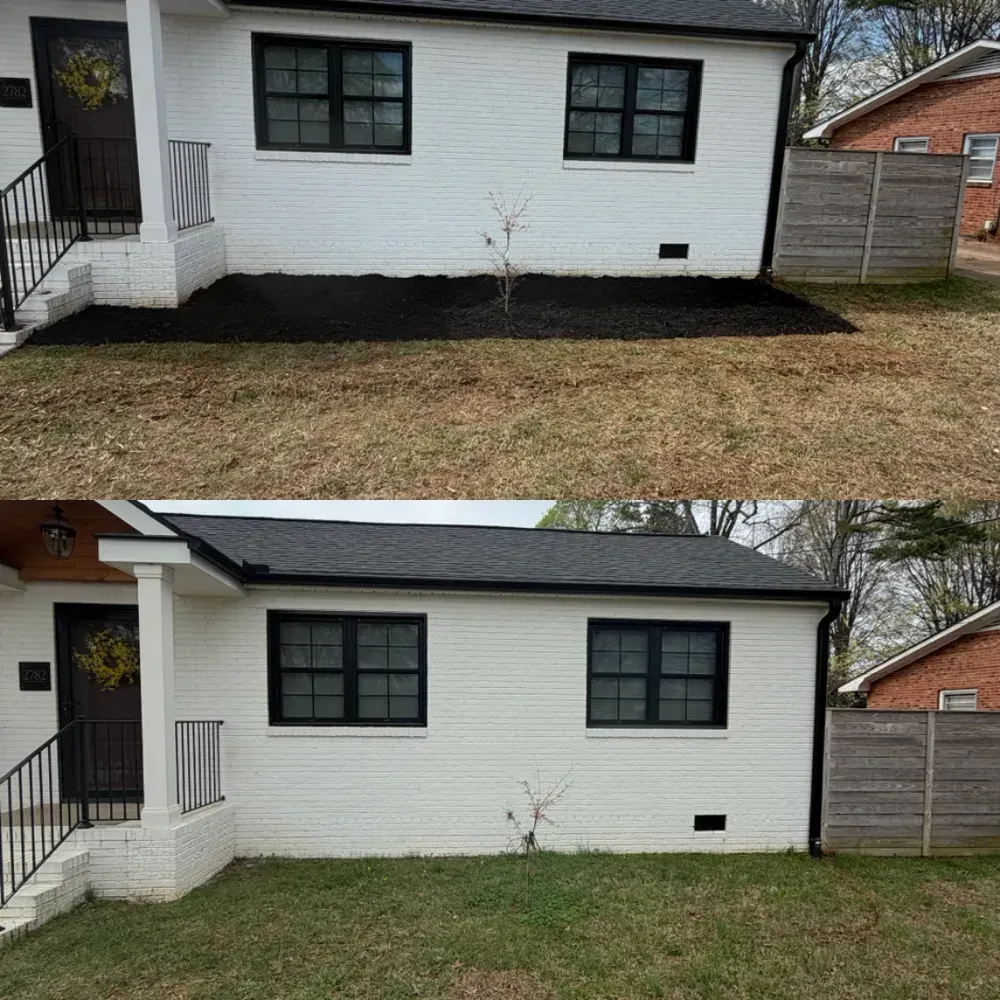 Before-and-after view of a house front with new black landscaping fabric under the windows and a small tree.