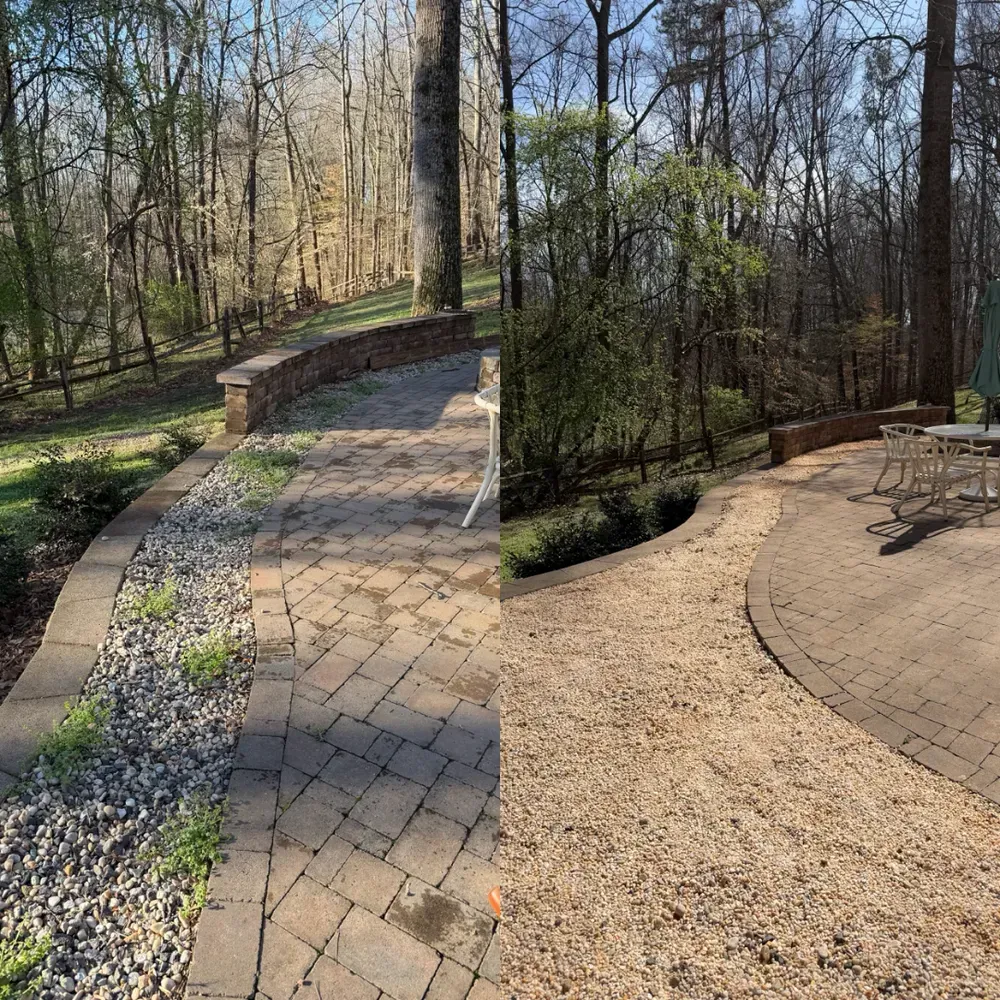 Curved brick and gravel patio in a wooded backyard with trees and a bench