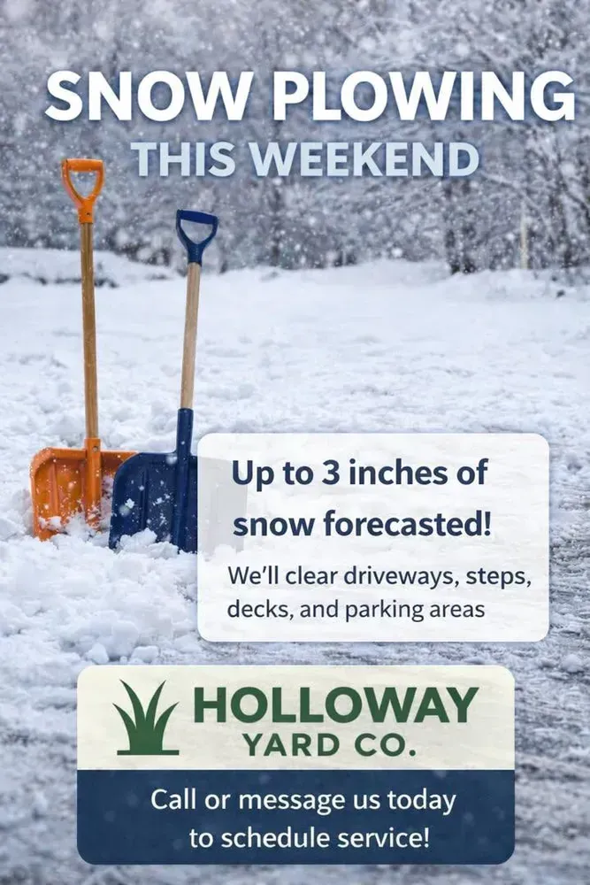 Snow plowing ad with shovels in snow, offering driveway, steps, deck, and parking area clearing.
