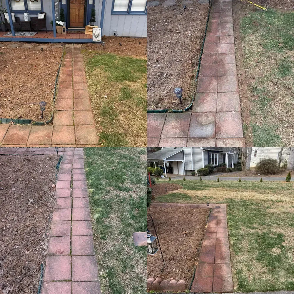 Collage of front-yard paths and lawn, showing brick walkways, bare soil, and a house exterior.
