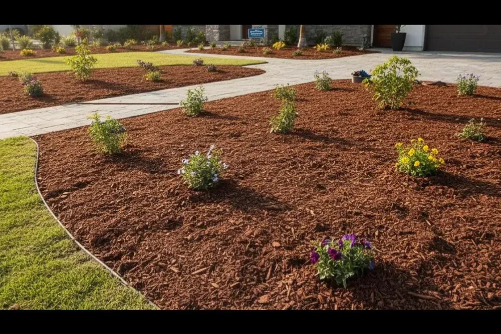 Newly planted flower bed with brown mulch and small shrubs beside a green lawn and walkway