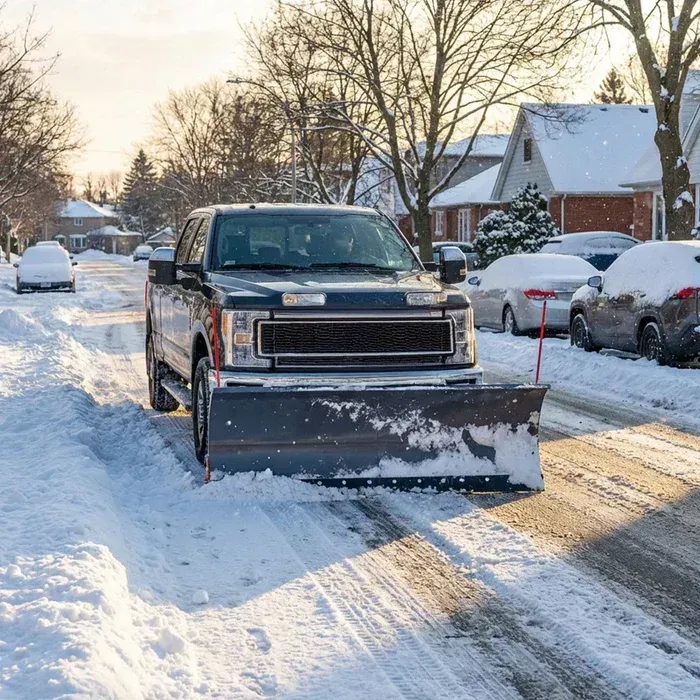 Pickup truck with a snow plow clearing a snowy suburban street at sunrise
