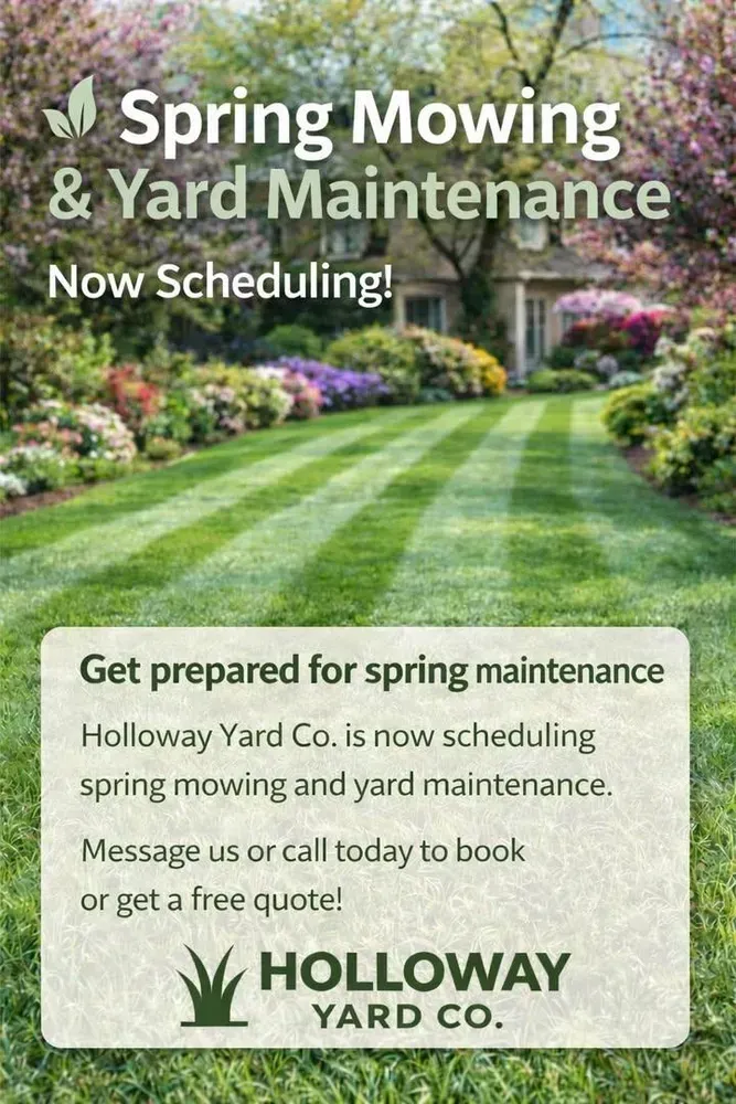 Spring mowing and yard maintenance ad with a landscaped lawn and “Now Scheduling” message