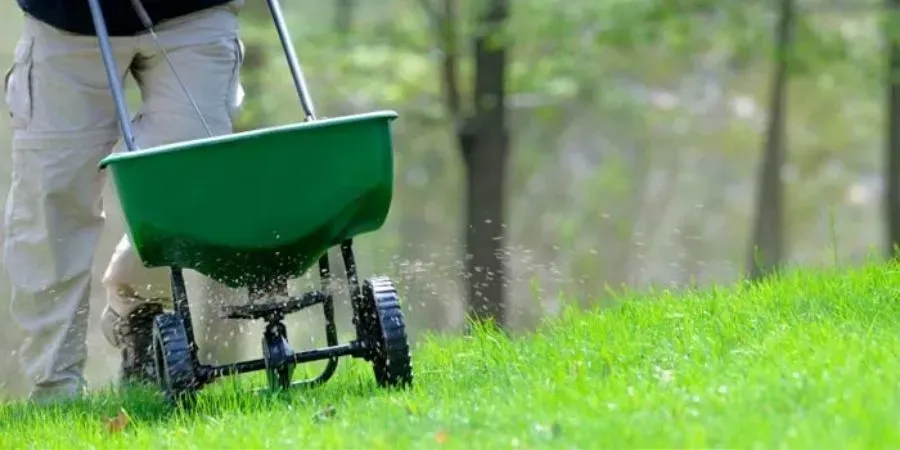 Person spreading seed with a green wheeled spreader on a grassy hill