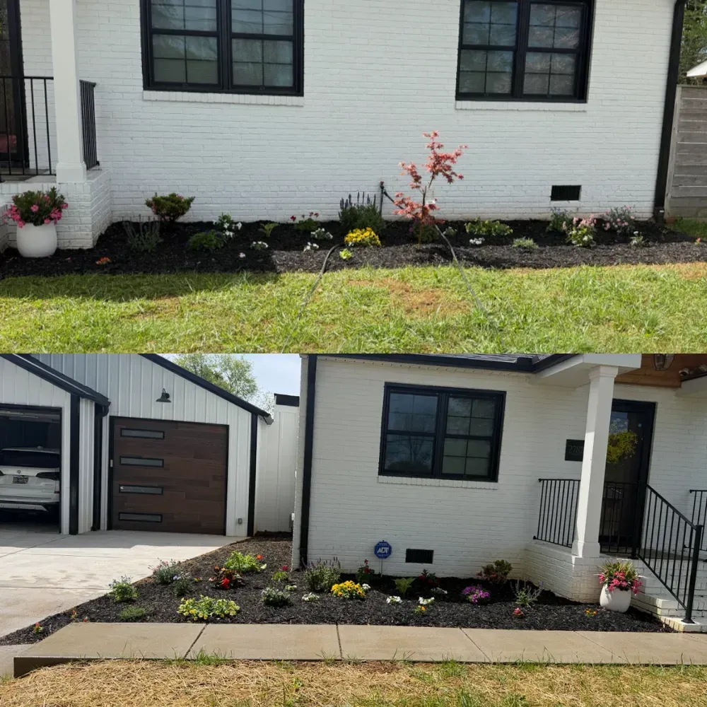 Two views of a house front with white siding, black windows, and a landscaped flower bed by the porch and garage.