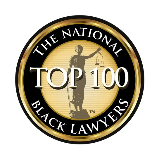 The national top 100 black lawyers logo with a statue of justice holding scales of justice.