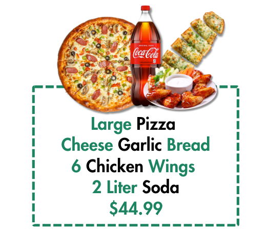 A large pizza with two toppings is only $ 25.99