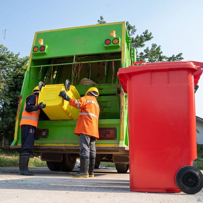 two men are loading garbage into a green garbage truck