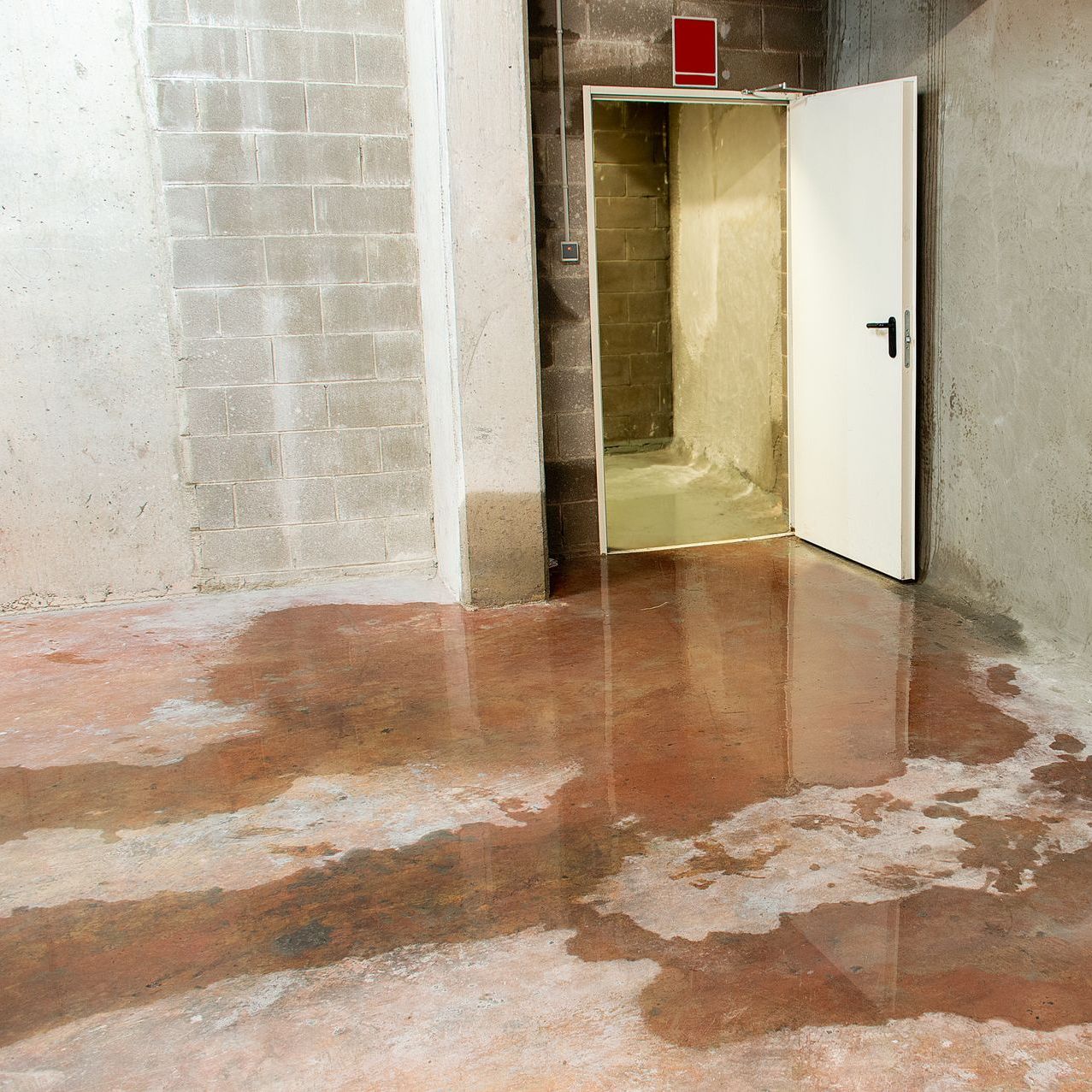 A flooded room with a door open and a lot of water on the floor.