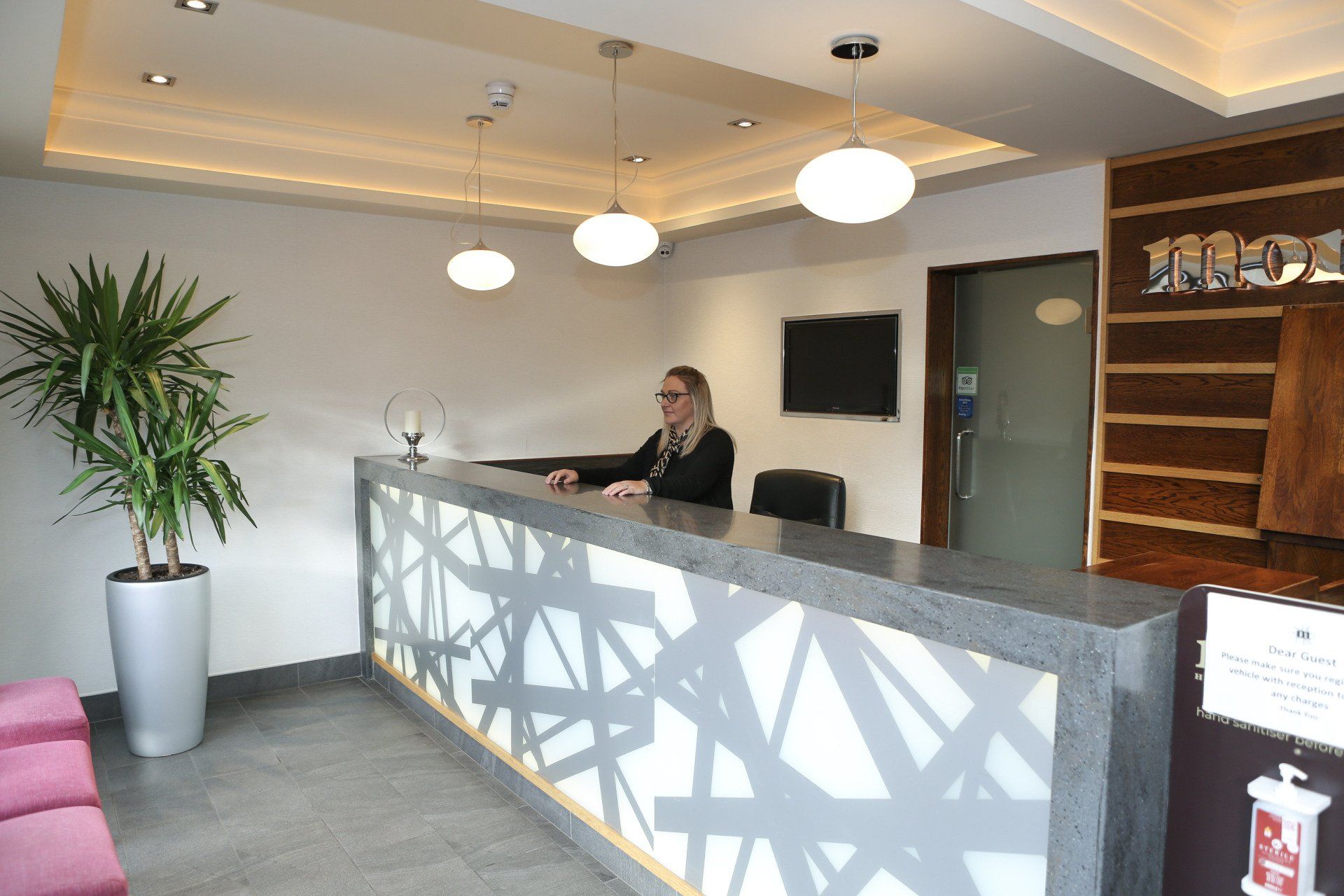 Receptionist behind a gray counter with abstract white design, lobby with plants, lights, and small TV.