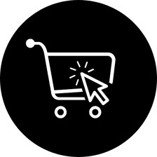 White shopping cart icon with a clicking cursor on black background.