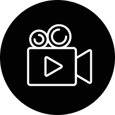 White outline of a film camera with a play button on a black circle.