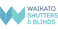 Logo for Waikato Shutters & Blinds; teal and blue geometric design with text.