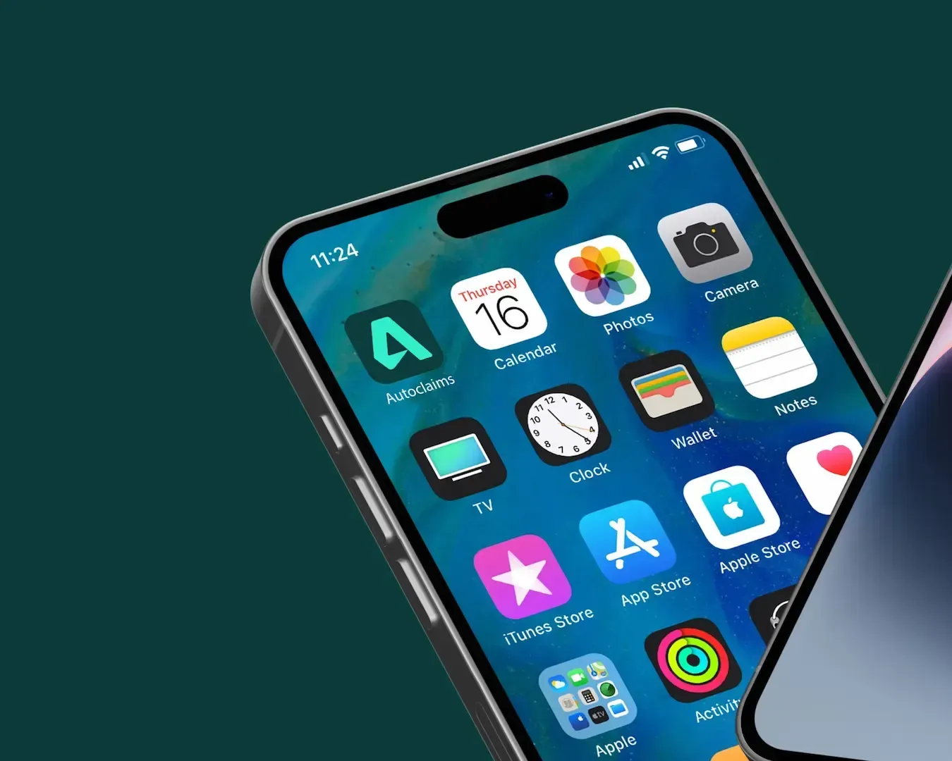 Smartphone displaying app icons on a teal background, featuring a dark cutout at the top for the camera.