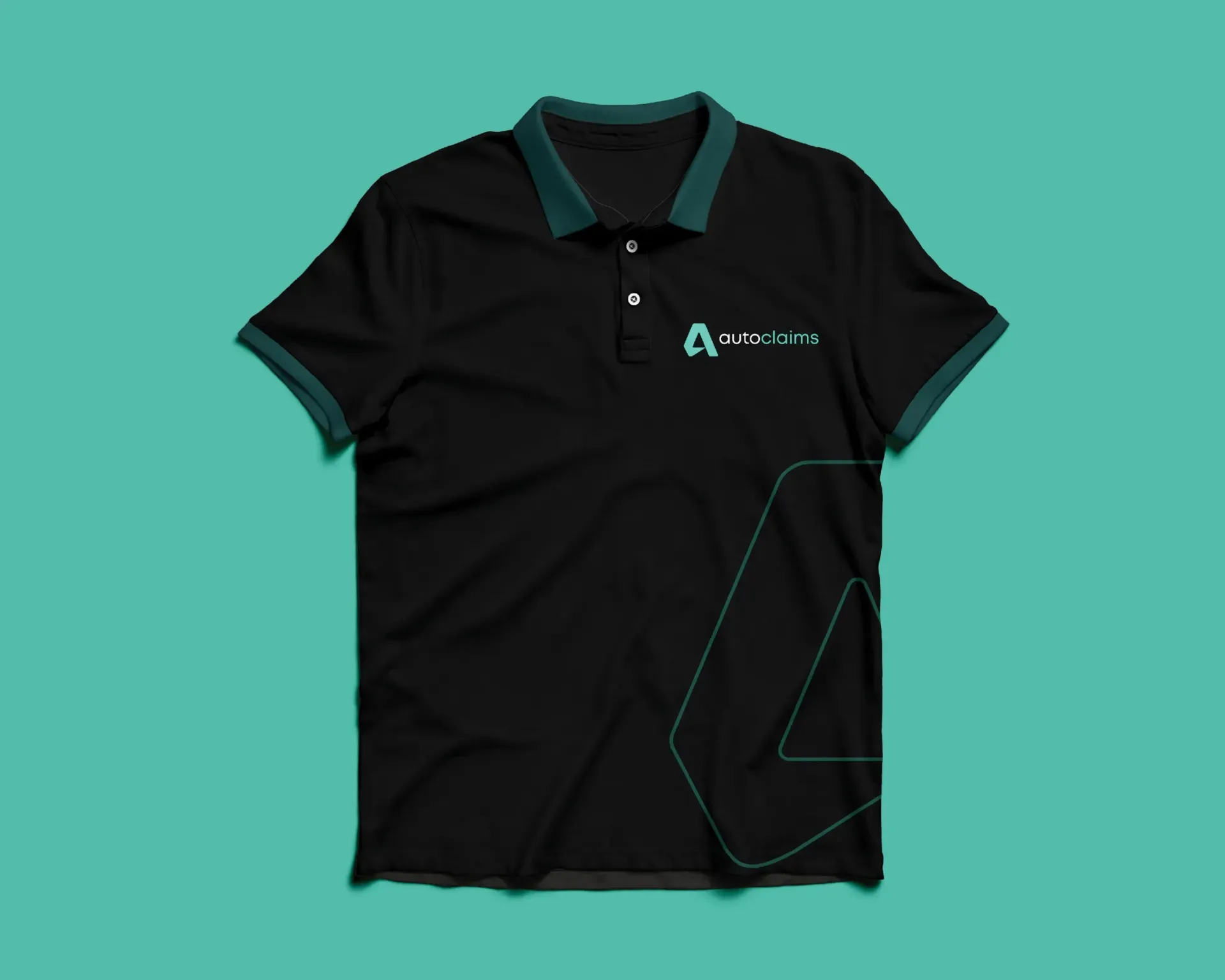 Black polo shirt with teal collar and logo on a teal background.
