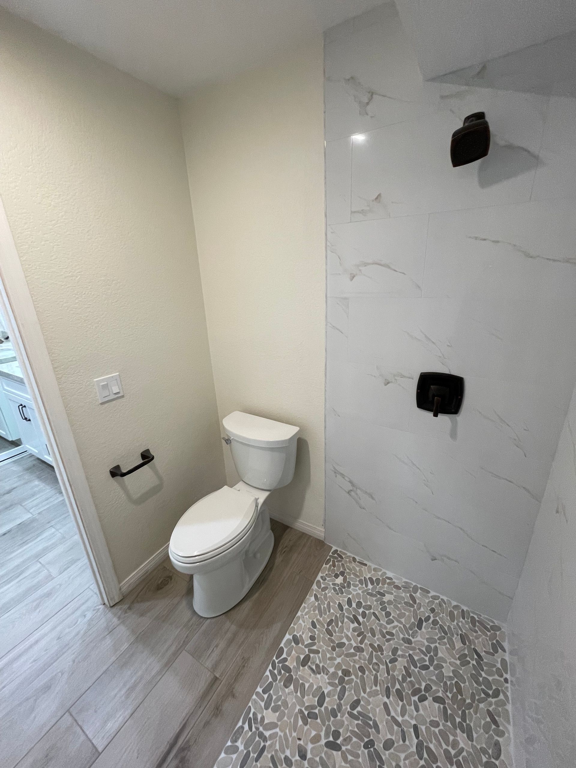 A bathroom with a toilet and a walk in shower.