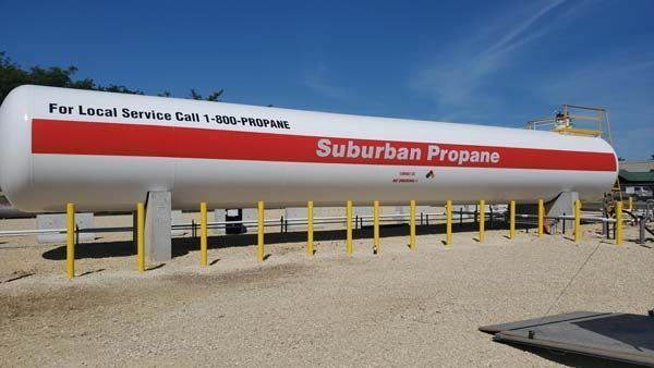 Large, white Suburban Propane tank with red stripe, on supports, in an outdoor setting.
