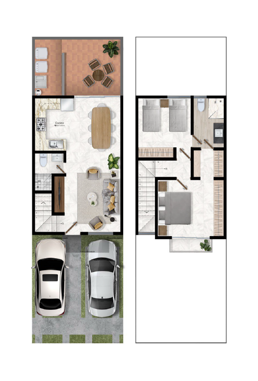 Un plano de una casa con dos coches aparcados delante de ella.