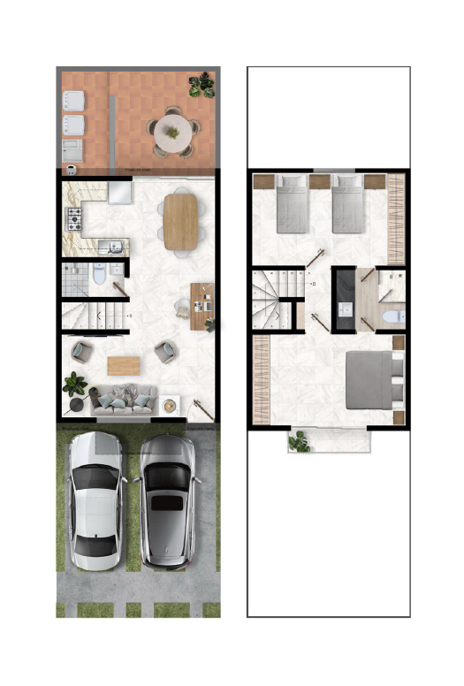 Un plano de una casa con dos coches aparcados delante de ella.