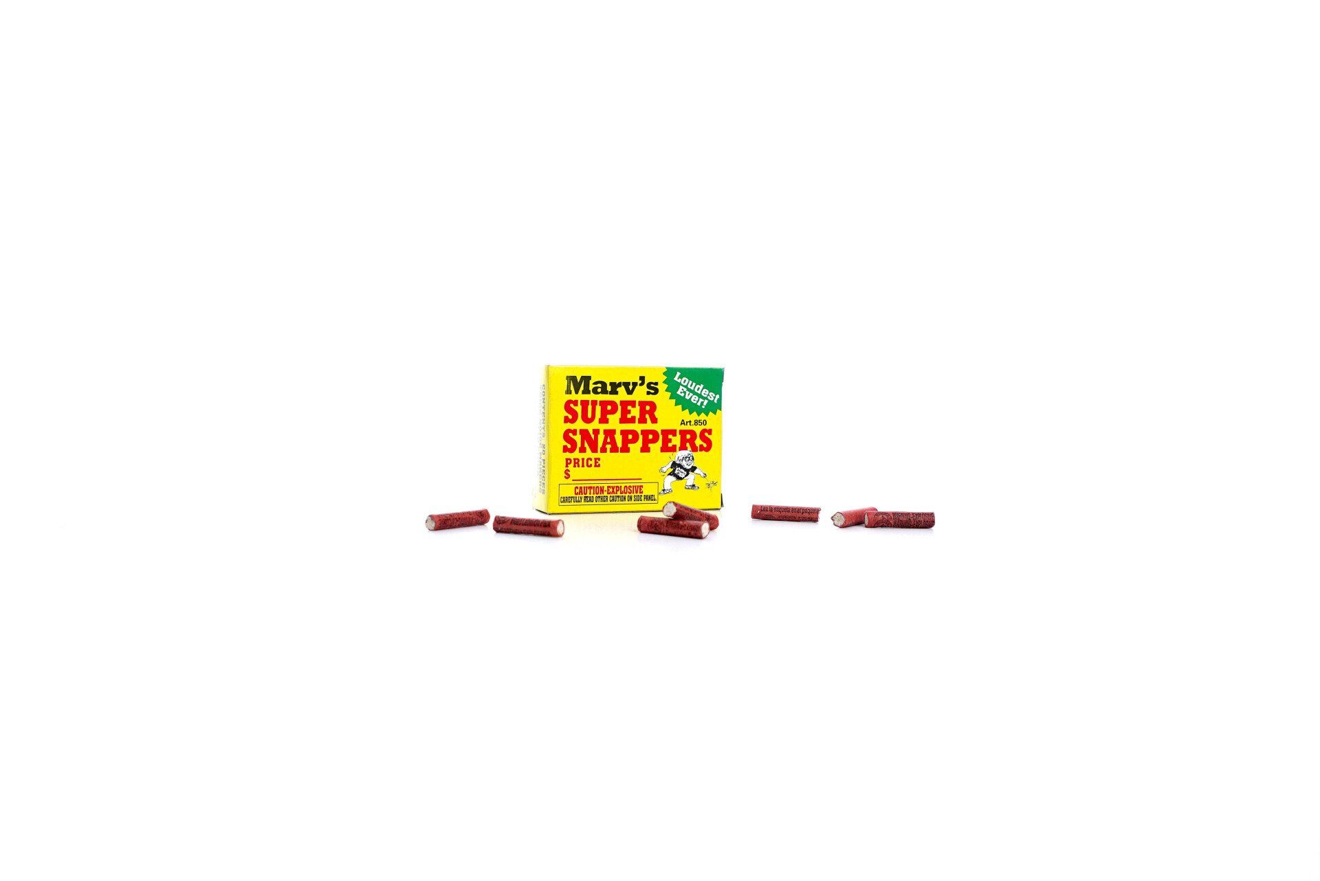 A box of super snappers candy on a white background.