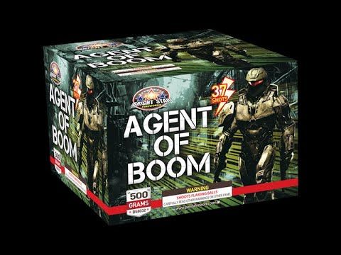 A box of agent of boom fireworks with a picture of a soldier on it.