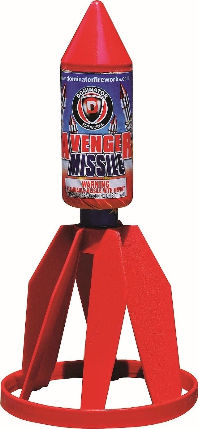 A red rocket is sitting on top of a red stand.