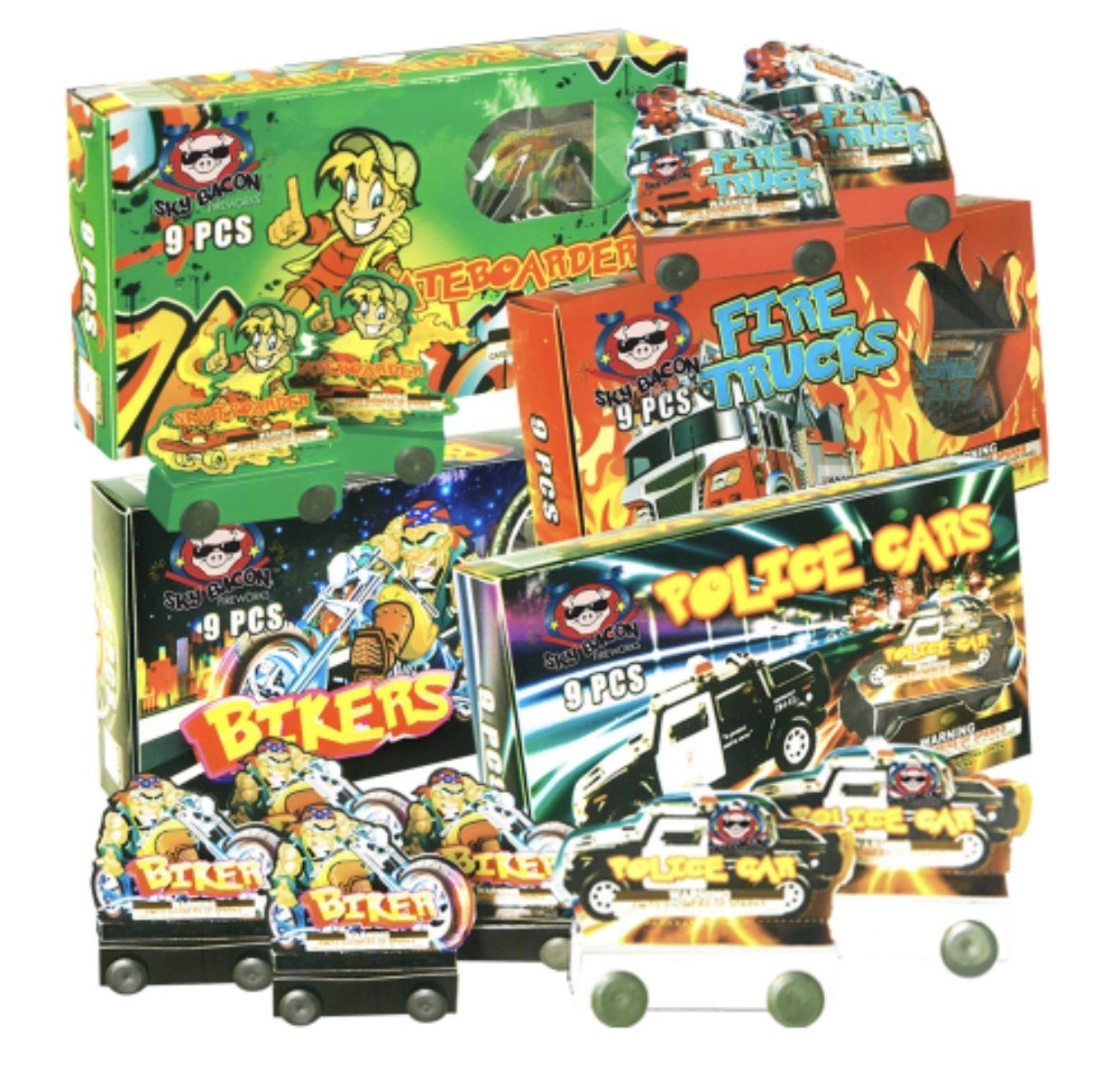 Several boxes of toys including fire trucks bikers and police cars