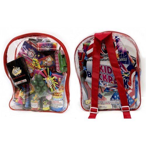 A clear backpack filled with fireworks and a red strap