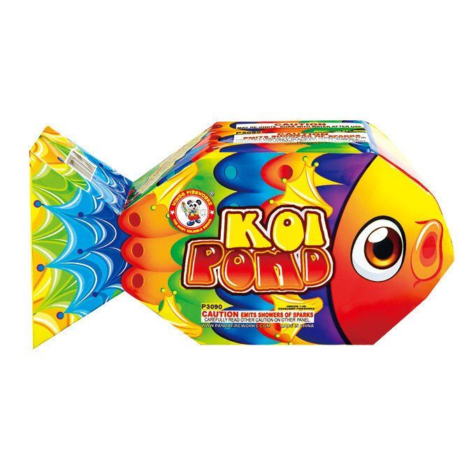 A colorful fish shaped box that says koi pond