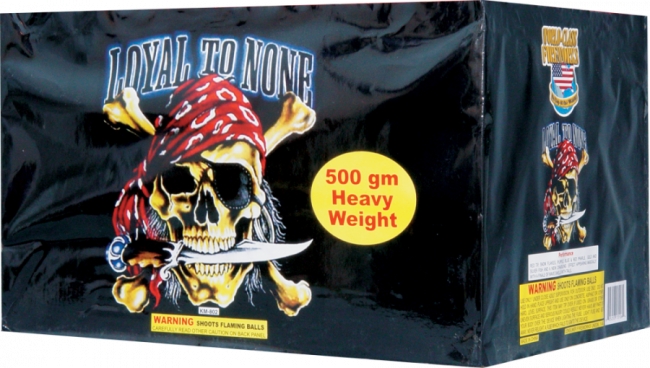 A box of loyal to none fireworks with a pirate skull on it