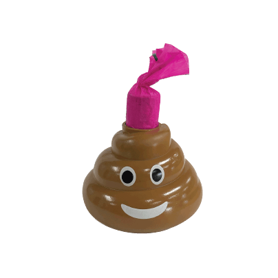 A brown poop with a pink balloon on top of it