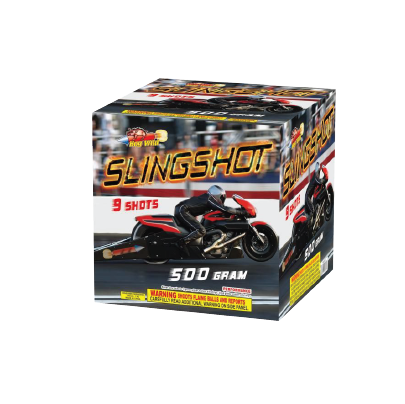 A box of slingshot fireworks with a motorcycle on it.