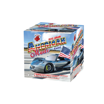 A box of fireworks with a car and an american flag on it.