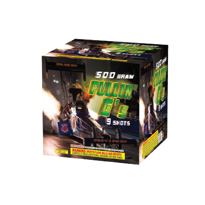 A box of fireworks with a picture of a dragster on it.