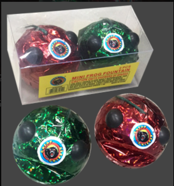 A box of mini frog fountains in red and green