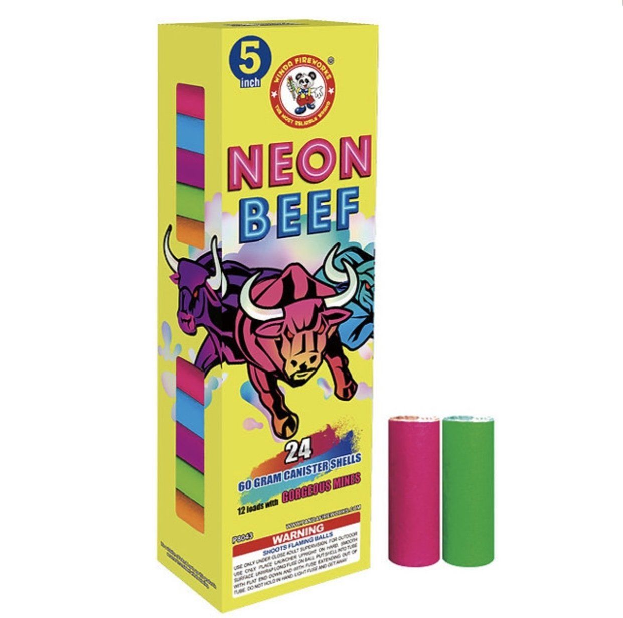 A box of neon beef fireworks with a bull on it