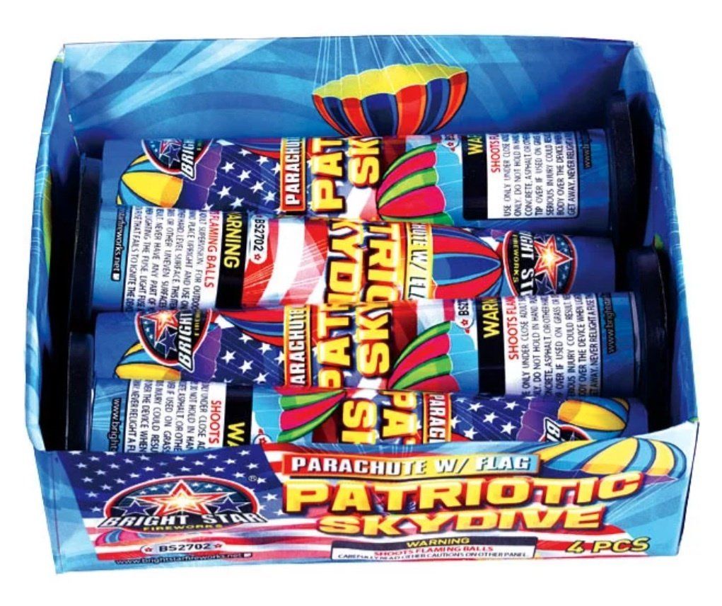 A box of patriotic skydive fireworks that looks like a parachute