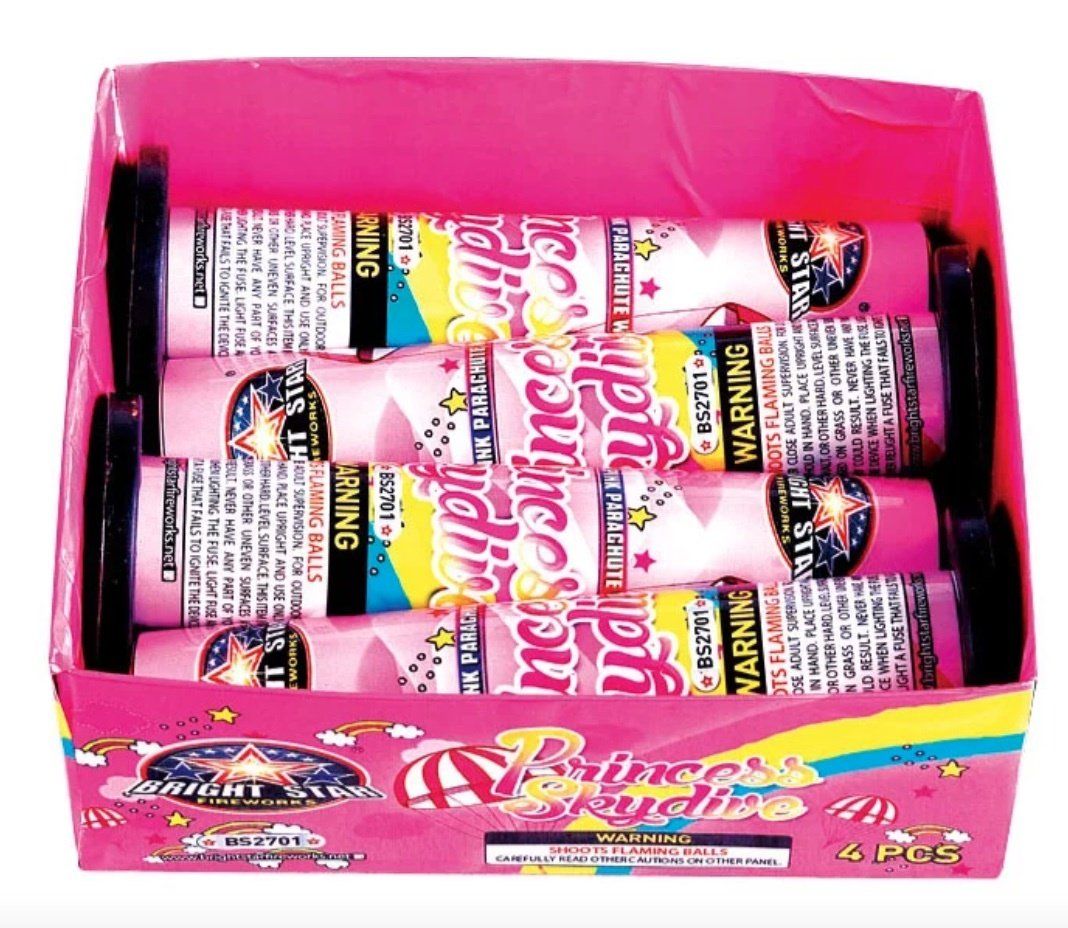 A box of pink fireworks with warning labels on them