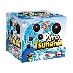 A box of pyro tsunami fireworks with 25 shots.