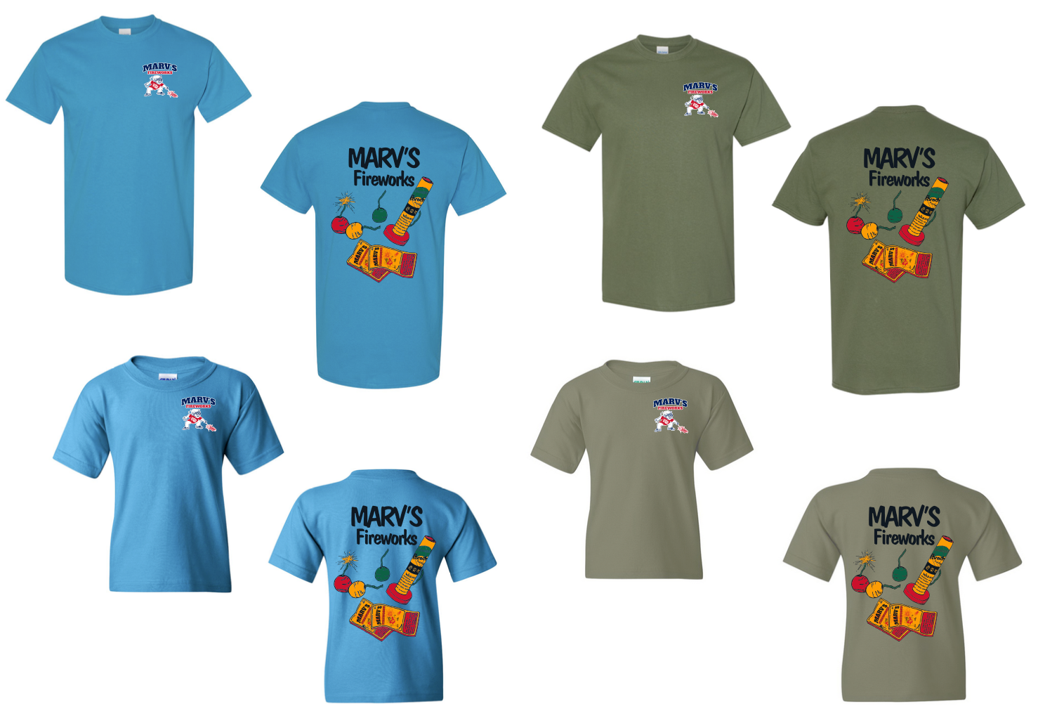A group of t-shirts with different colors and logos on them.
