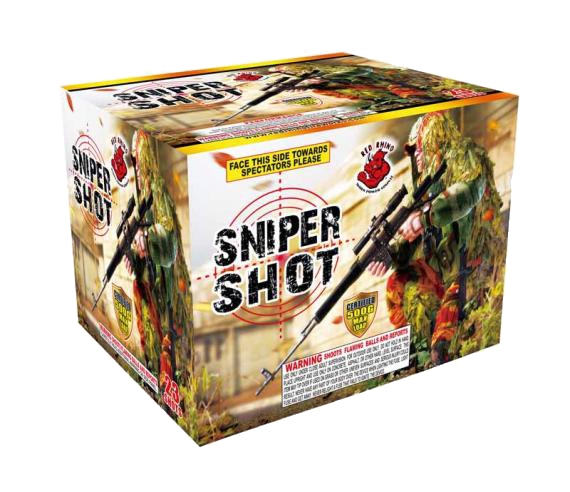 A box of sniper shot fireworks on a white background.