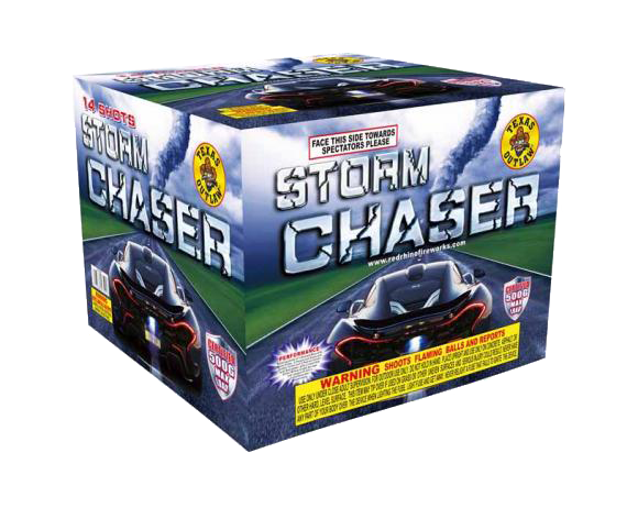 A box of storm chaser fireworks with a car on it