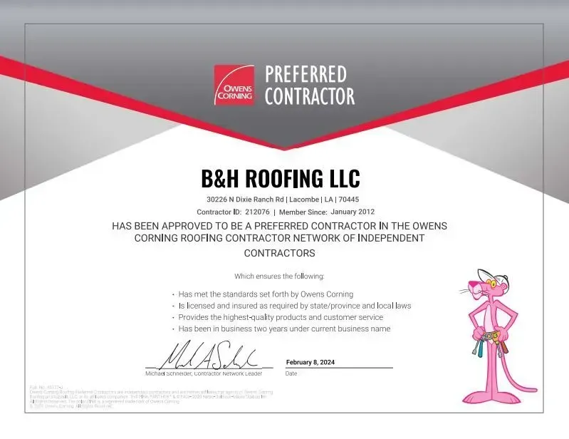 A certificate for a preferred contractor with a pink panther on it.