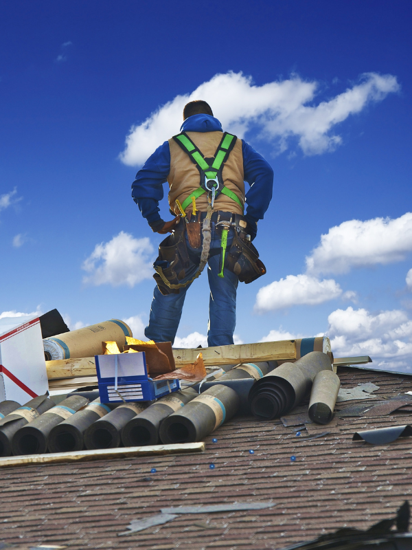 A man standing on top of a roof with a blue sky in the background