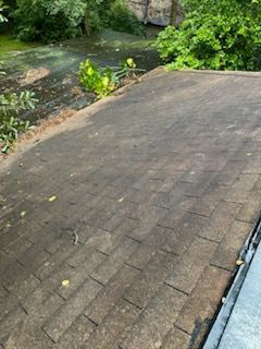 A dirty roof with a lot of leaves on it.
