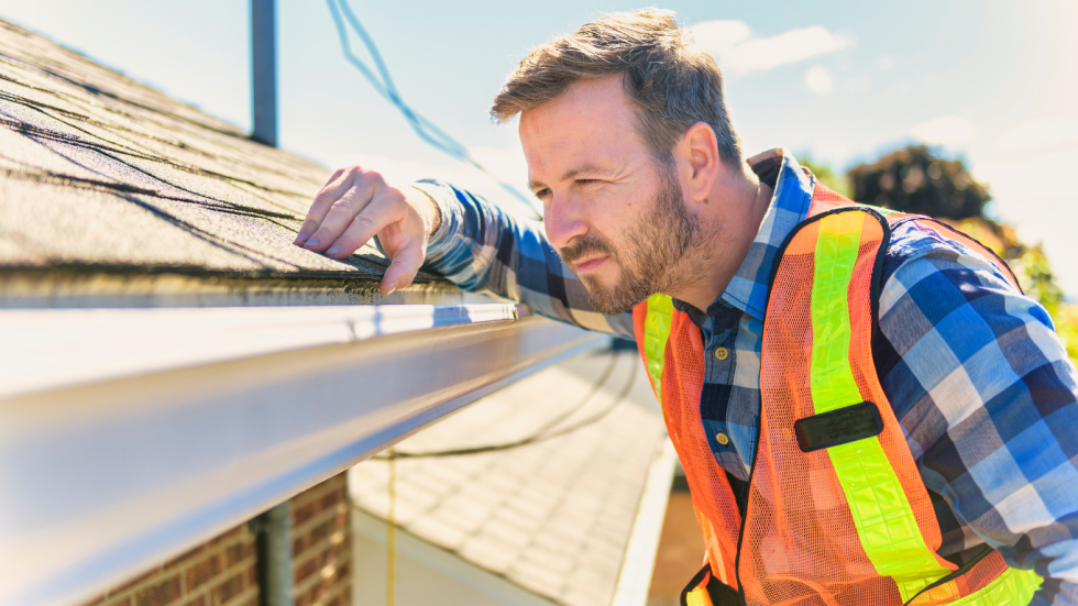 A man in a safety vest is looking at a gutter on a roof.