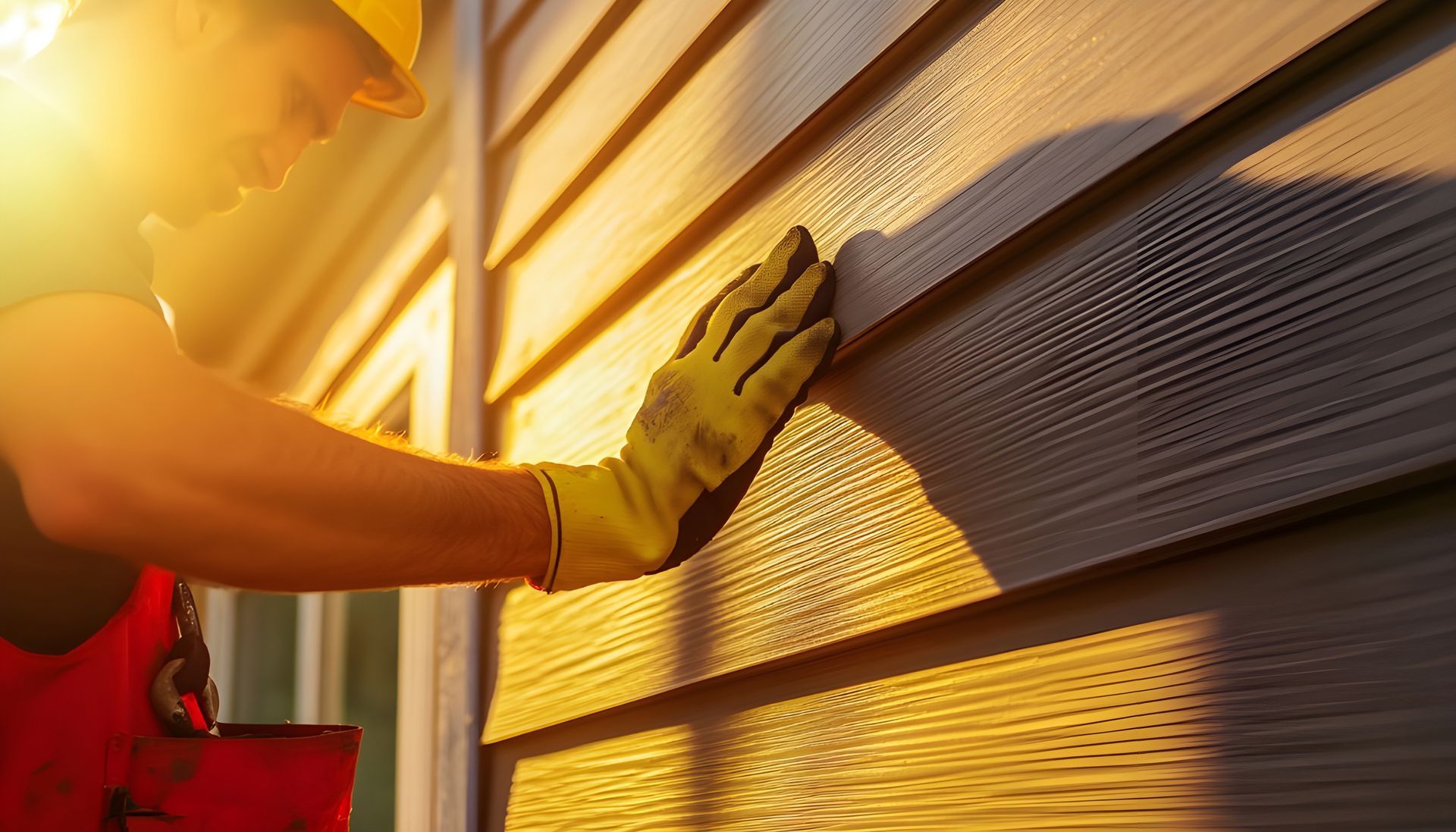 Worker checking vinyl siding in sunlight with yellow protective gloves.