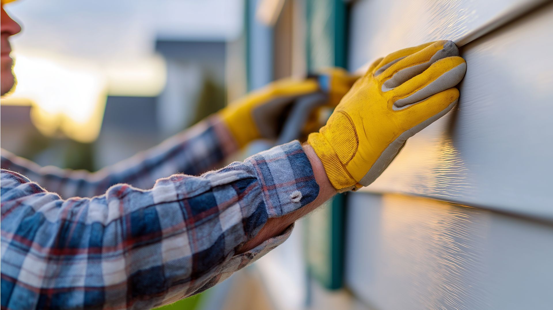 A contractor is installing siding on a house